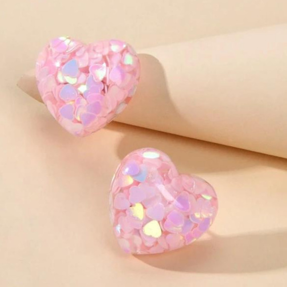 Pastel Pink Stud Earrings Iridescent Heart Posts Pink Heart Shaped Glitter Studs - Picture 4 of 5
